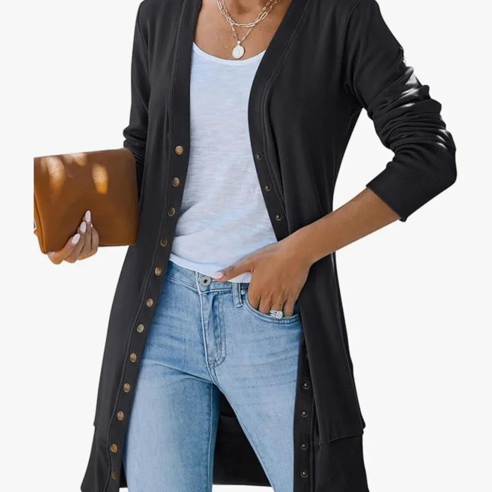 MEROKEETY Spring Knit Cardigan Sweater Snap Button Down Open Front Black Top - Picture 6 of 6